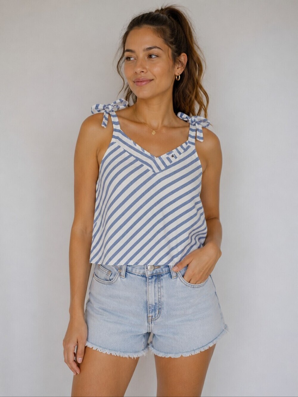 WILDFIRE BLUE & WHITE STRIPED TIE SHOULDER TANK TOP